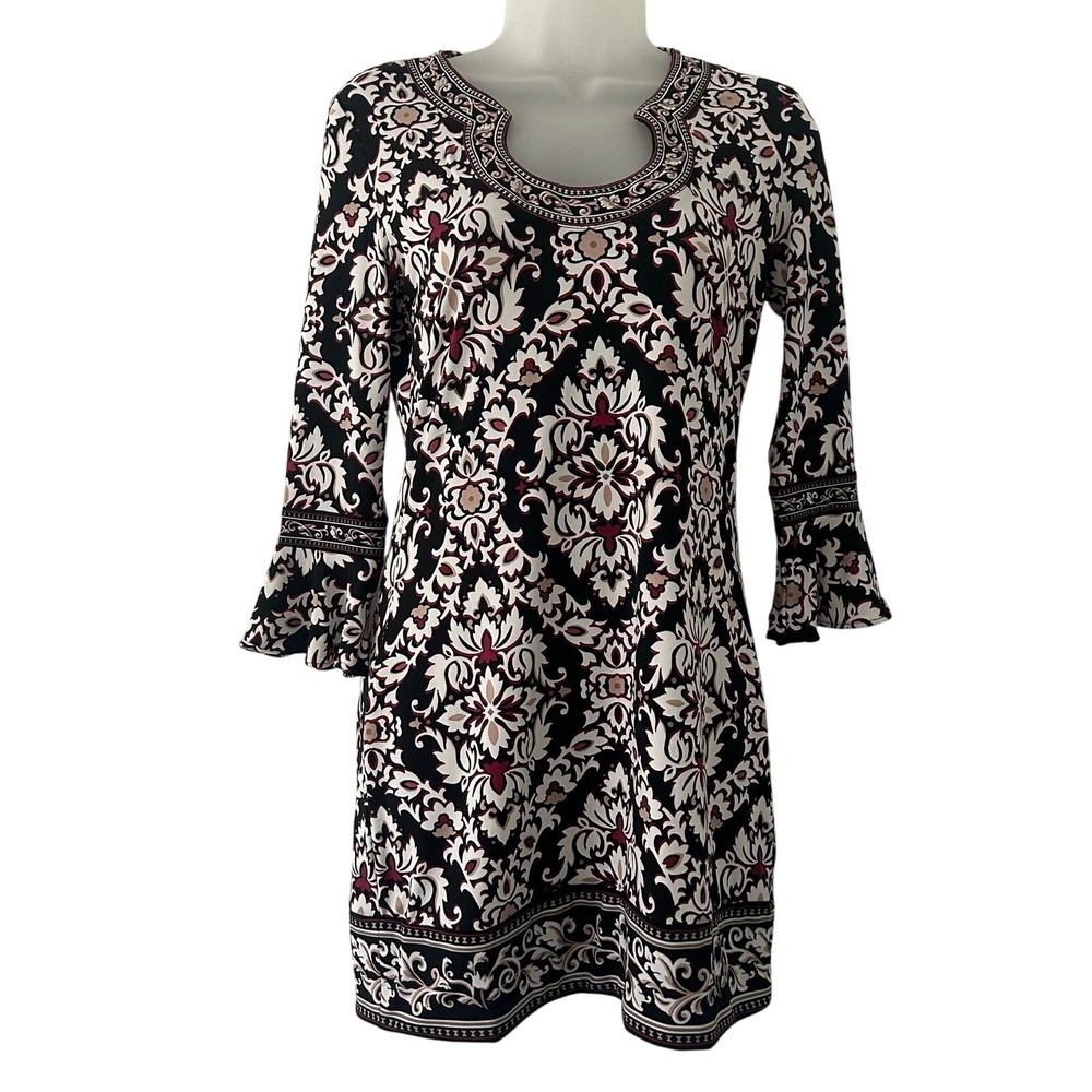 White House Black Market Floral Bell Sleeve Embroidered Neck Mini Dress XXS